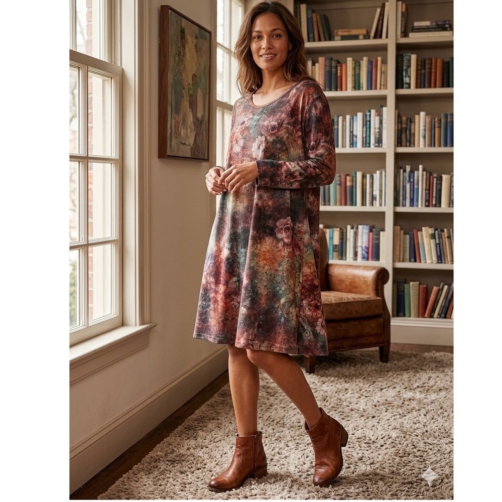Indigo Soul XL Floral Abstract Long Sleeve A-Line Jersey Knit Dress Rust Multi